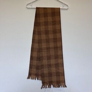 Pendleton Vintage Wool Scarf Brown Tan Buffalo Plaid Check Fringe Made in USA